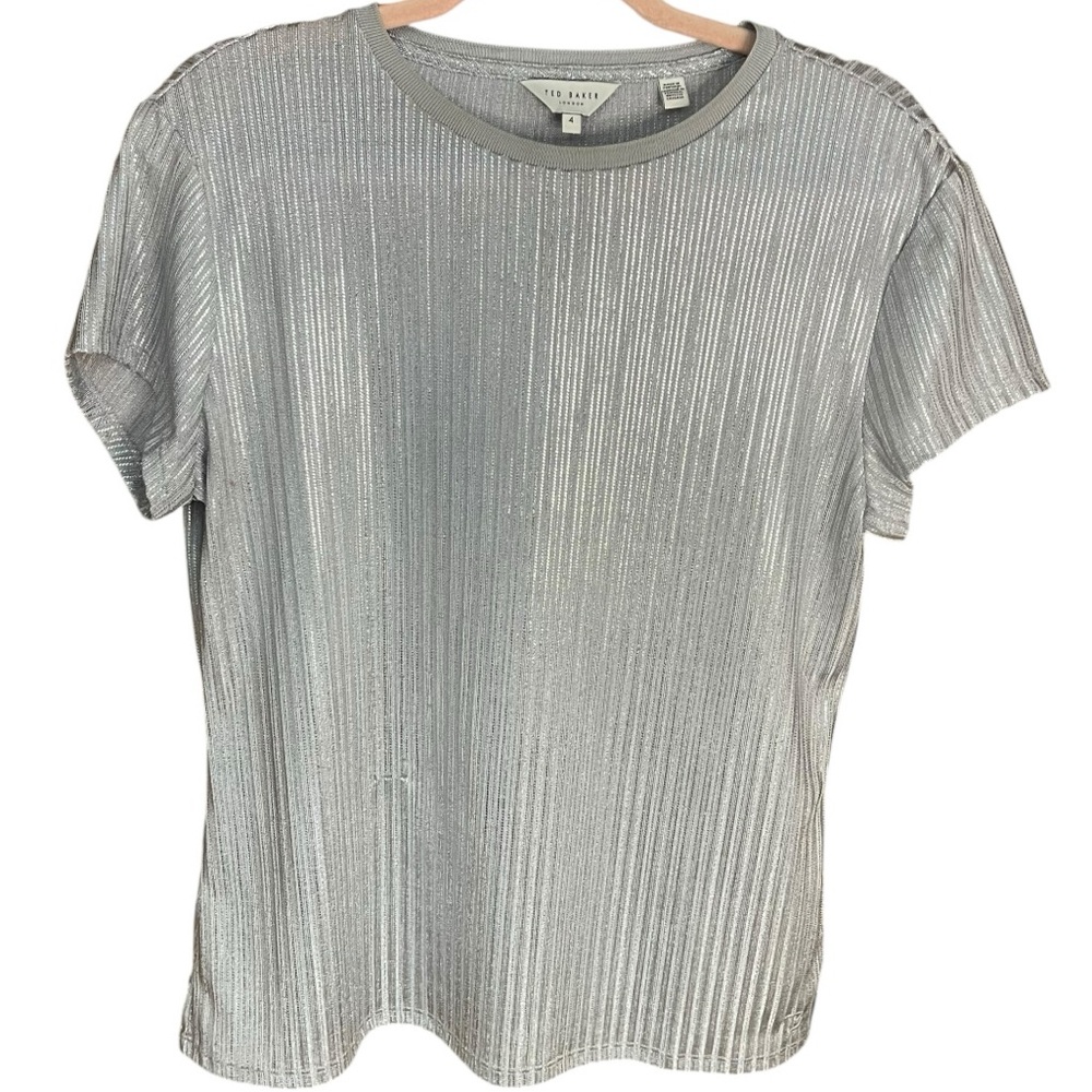 Ted Baker Silver Metallic Pleated Short Sleeve Tee